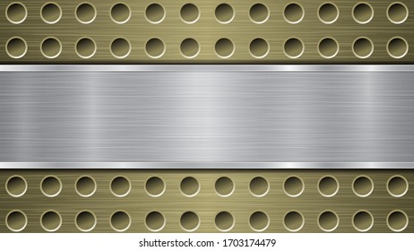 Fondo de superficie metálica dorada perforada con orificios y placa de plata pulido horizontal con textura metálica, resplandor y bordes brillantes