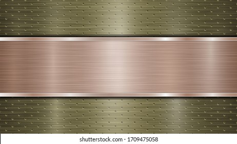 Background of golden perforated metallic surface with holes and horizontal bronze polished plate with a metal texture, glares and shiny edges