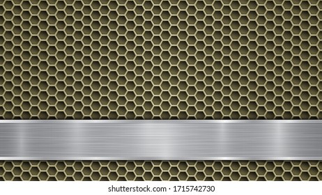 Fondo de superficie metálica dorada perforada con orificios y placa de plata pulido horizontal con textura metálica, resplandor y bordes brillantes