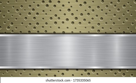 Background of golden perforated metallic surface with holes and silver horizontal polished plate with a metal texture, glares and shiny edges