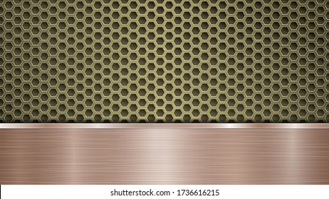 Background of golden perforated metallic surface with holes and horizontal bronze polished plate with a metal texture, glares and shiny edges