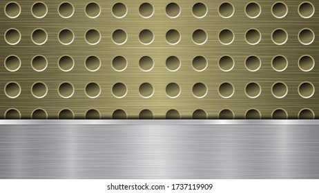 Fondo de la superficie metálica dorada perforada con agujeros y placa de pulido horizontal plateada con textura metálica, resplandor y bordes brillantes