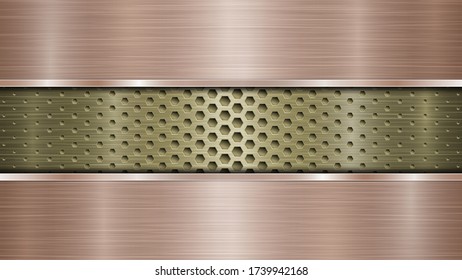 Background of golden perforated metallic surface with holes and two horizontal bronze polished plates with a metal texture, glares and shiny edges