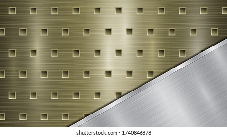 Fondo de la superficie metálica dorada perforada con agujeros y placa de plata pulida anglada con textura metálica, resplandor y bordes brillantes
