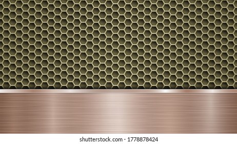 Background of golden perforated metallic surface with holes and horizontal bronze polished plate with a metal texture, glares and shiny edges