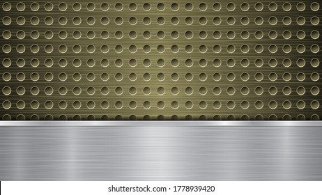 Fondo de la superficie metálica dorada perforada con agujeros y placa de pulido horizontal plateada con textura metálica, resplandor y bordes brillantes