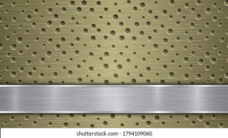 Background of golden perforated metallic surface with holes and silver horizontal polished plate with a metal texture, glares and shiny edges