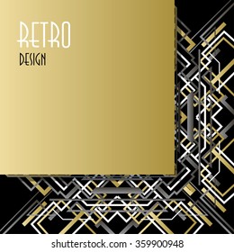 Background with golden silver white and black art deco outline style design. Trend golden design. Corner, angle border stripe and text place. Golden retro vector illustration. Geometrical background