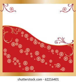 Background with Golden snowflakes and gold frame and red background, vector illustration