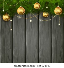 Background with golden stars, Christmas balls and spruce branches on a black wooden background, illustration.