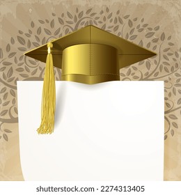 background with golden student graduate cap and diploma on retro background