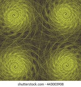 Background of the golden web. Symmetrical geometry yellow spirals on a dark background
