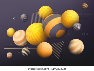 Background with golden, yellow and black decorative 3D balls. Abstract vector illustration.