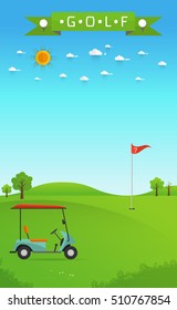 Background of golf field beautiful landscape,Golf hole banner vector green tree background illustration with golf cart flag and trees