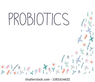 Background with good microorganisms and probiotics note. Probiotics health benefits concept. Vector illustration in flat cartoon style.