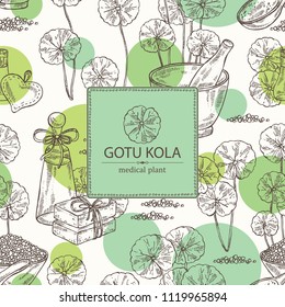 Background with gotu kola: branch of gotu kola. Centella asian. Oil, soap and bath salt . Cosmetics and medical plant. Vector hand drawn illustration