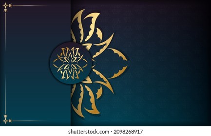 Fondo con color azul degradado con ornamento dorado mandala y lugar debajo del texto