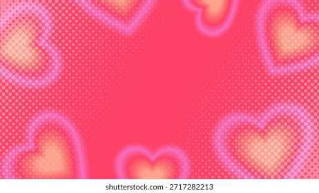 Background with gradient glowing hearts and halftone vignette. Cute Valentine's Day illustration, cute gradient hearts with blur effect