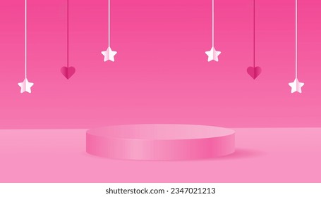 Background gradient pink with a podium and a minimal scene on the wall. Pink background in doll style. Stage for the doll. Vector