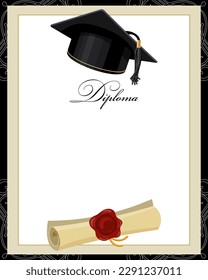 Background with graduation cap and papyrus certificate. Golden black design for graduation diploma, awards. Education concept.Vector