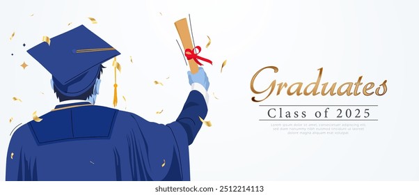 background with a graduation concept featuring an illustration of a graduate holding a roll of graduation paper and a sprinkling of celebratory ribbons. celebrating graduation. education concept