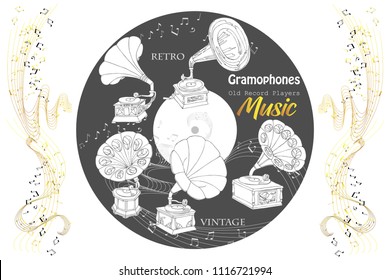 Background with  gramophones.Hand drawn sketches old record player. Vector music illustration