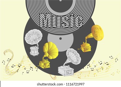 Background with  gramophones.Hand drawn sketches old record player. Vector music illustration
