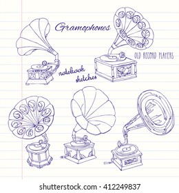 Background with  gramophones.Hand drawn sketches  old record player. Vector  music illustration