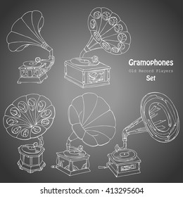Background with  gramophones.Hand drawn sketches old record player. Vector music illustration
