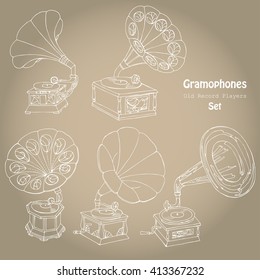 Background with  gramophones.Hand drawn sketches old record player. Vector music illustration
