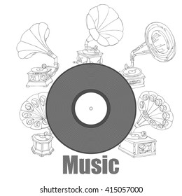 Background with  gramophones.Hand drawn sketches old record player. Vector music illustration