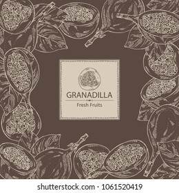 Background with granadilla: fruit, granadilla slice and leaves. Vector hand drawn illustration.