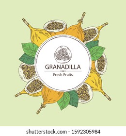 Background with granadilla: fruit, granadilla slice and leaves. Vector hand drawn illustration.