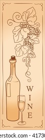  background with grape branch and a bottle of wine. vector