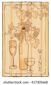  background with grape branch and a bottle of wine. vector