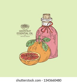 Background with grapefruit and bottle of grapefruit essential oil. Cosmetic, perfumery and medical plant. Vector hand drawn