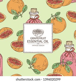 Background with grapefruit and bottle of grapefruit essential oil. Cosmetic, perfumery and medical plant. Vector hand drawn