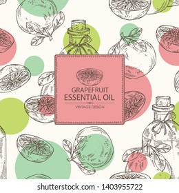 Background with grapefruit and bottle of grapefruit essential oil. Cosmetic, perfumery and medical plant. Vector hand drawn