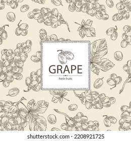 Antecedentes con uvas: uvas, hojas de uva y ramas de uva. Ilustración dibujada a mano por vectores.