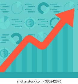 Background of graph with rising up arrow and dollar symbols.