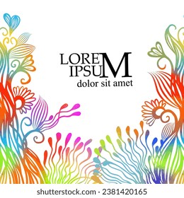 Background with graphic colored lines flowers. Bright beautiful frame. hand drawing. Not AI, Illustrat3. Vector illustration