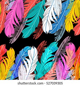 Background graphic design miracle multicolored feathers on a dark background