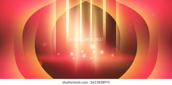 The background graphic has a pink and orange tone, creating a warm and energetic atmosphere. The light streaks rising from the center of the image add interest.