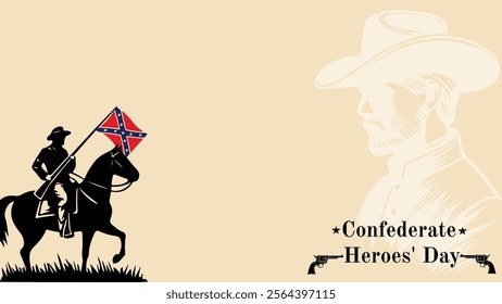 Background Graphic Illustration of confederate heroes day celebration, with brown vintage theme and horse riding hero silhouette, Copy Space Area. Suitable to be placed on content with that theme.