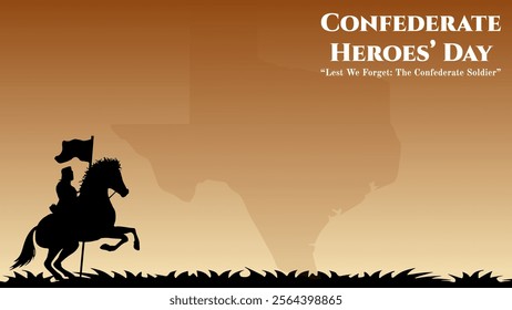 Background Graphic Illustration confederate heroes day celebration, with silhouette of hero on horseback and texas map, vintage, Copy Space Area. Suitable to be placed on content with that theme.