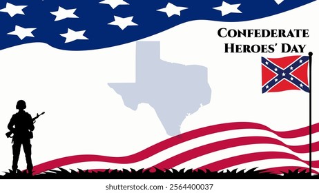 Background Graphic Illustration confederate heroes day celebration, with american flag themed hero silhouette, Copy Space Area. Suitable to be placed on content with that theme.