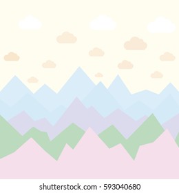 Background with graphic mountains, sky, clouds. Vector landscape