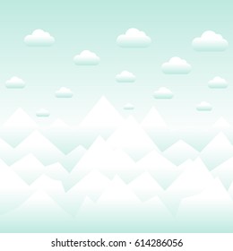 Background with graphic mountains, sky, clouds. Vector landscape. Game background.