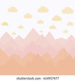 Background with graphic mountains, sky, clouds. Vector landscape. Game design.