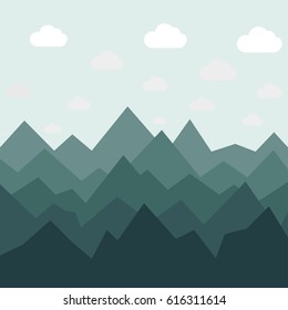 Background with graphic mountains, sky, clouds. Vector landscape. Game design.